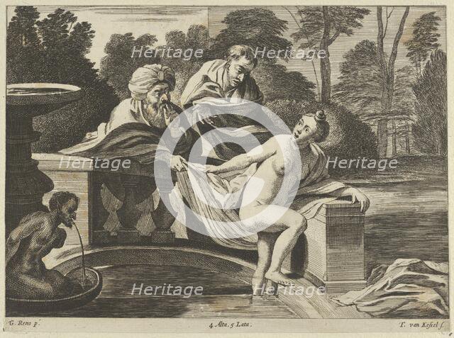 Susanna, partly naked and stepping out of a fountain with two elders at left, one o..., ca. 1656-60. Creator: Théodorus van Kessel.