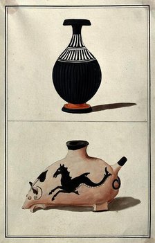 Above, a black Greek vase (perfume bottle?); below, vessel in the form of an animal, 1760-1769. Creator: Augustin Dahlsteen.