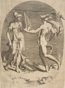 Mercury presenting a panpipe to Minerva who stands at left, an oval composition, 1531-76. Creator: Giulio Bonasone.