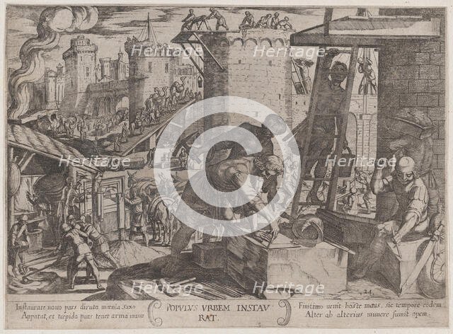 Plate 24: The Israelites Rebuilding the Walls of Jerusalem, from 'The Battles..., ca. 1590-ca. 1610. Creator: Antonio Tempesta.