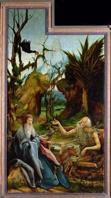 The Isenheim Altarpiece. Left wing: Meeting of Saint Anthony and Saint Paul the Anchorite in the Des Artist: Grünewald, Matthias (ca 1470-1528)