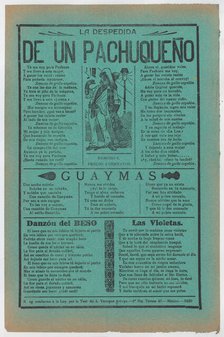 Broadsheet with love songs, man wearing a sarape standing in the street, c..., ca. 1920 (published). Creator: José Guadalupe Posada.