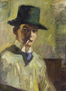 Self-portrait with a high hat and a cigarette, 1910. Creator: Stenner, Hermann (1891-1914).
