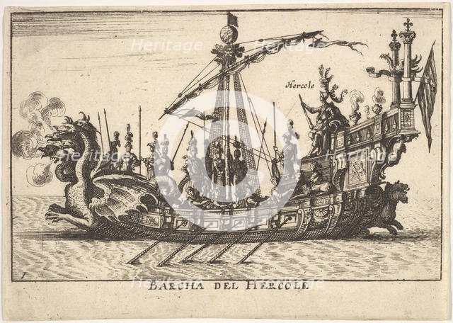 Plate 1: Ship of Hercules (Barcha del Hercole), with dragon-headed prow and Hercules on pl..., 1664. Creator: Unknown.