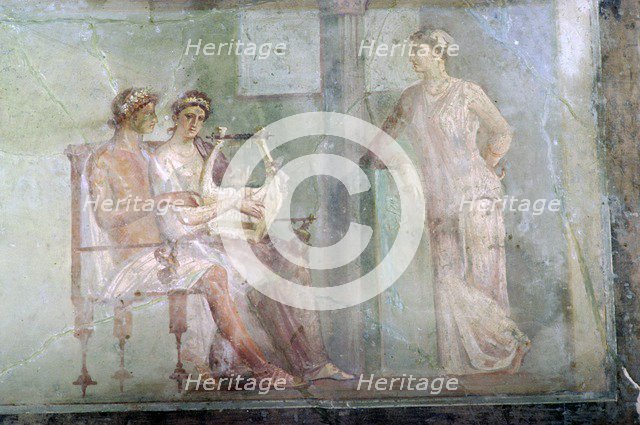 The Music Lesson, a Roman wall-painting from Herculaneum buried in the eruption of Vesuvius. Artist: Unknown