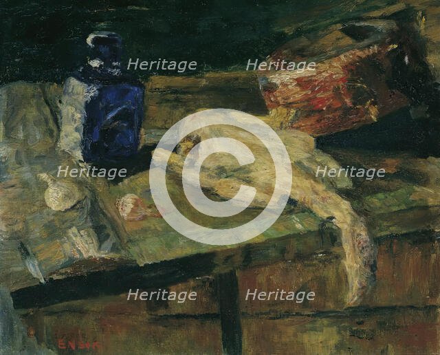 Still life with blue bottle and plucked chicken, c1910. Creator: James Ensor.