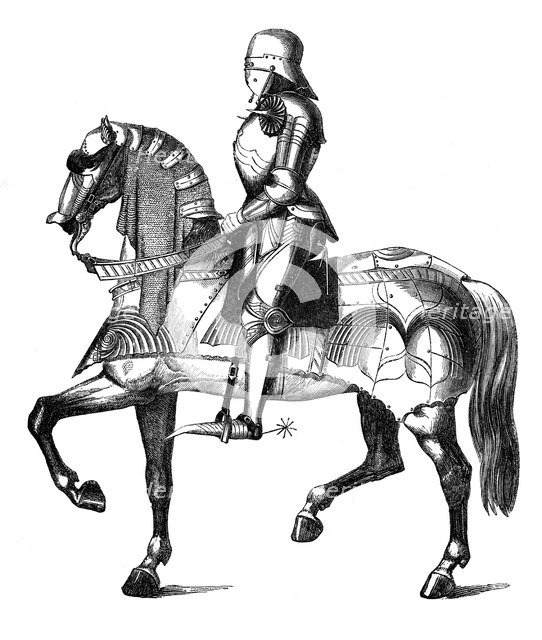 A medieval knight armed and mounted for war, (1870). Artist: Unknown