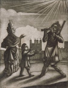 Man piping and a woman and child dancing near the walls of the Tower of London, c1770. Artist: Anon