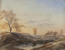 Winter landscape with ice skaters, from Frederiksdal, 1820-1829. Creator: Johan Stroe.