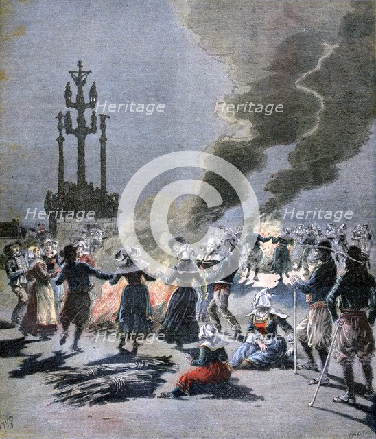 Bonfires lit to celebrate the summer solstice in Brittany, 1893. Artist: F Meaulle