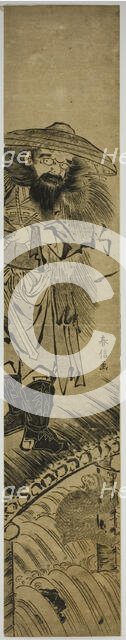 Shoki (Chinese: Zhong Kui), the demon queller, standing on a bridge, c. 1765/70. Creator: Suzuki Harunobu.
