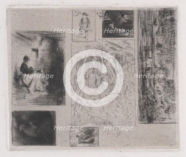 Composite plate: Woman and Children (a), Old Musician (b), Frying Merchant (c), Landscape ..., 1843. Creator: Charles Emile Jacque.
