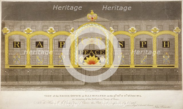 View of the Excise Office, Old Broad Street, City of London, as illuminated in June 1814. Artist: Anon