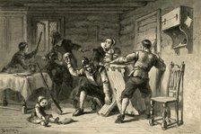 'Puritans Barricading Their House Against Indians', (1877). Creator: Albert Bobbett.