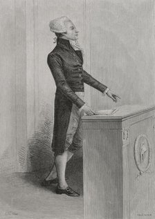 French Revolution: Portrait of Robespierre speaking in Convention, 1876.  Creator: Adolphe François Pannemaker.