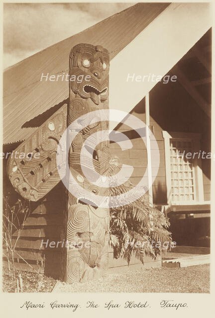 Maori carving, the Spa Hotel, Taupo. From the album: Record Pictures of New Zealand, 1920s. Creator: Harry Moult.
