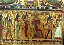 Anubis presents the deceased to Osiris, with Horus and other deities present, funerary stela from…