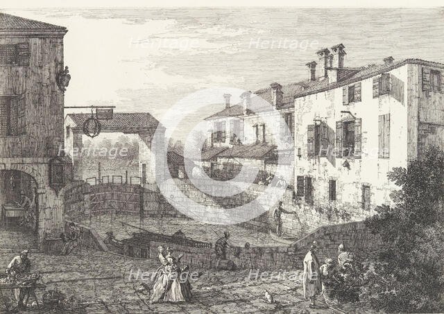 The Locks at Dolo, an oval-shaped basin with boats at center, buildings on either side,..., 1735-46. Creator: Canaletto.