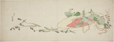 Flowers and spring greens in a hat, Japan, c. 1801. Creator: Hokusai.