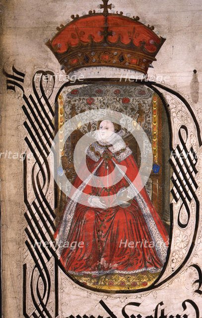 Initial detail and portrait of Queen Elizabeth I of England, Coram Rege Rolls, 1572.  Creator: Unknown.
