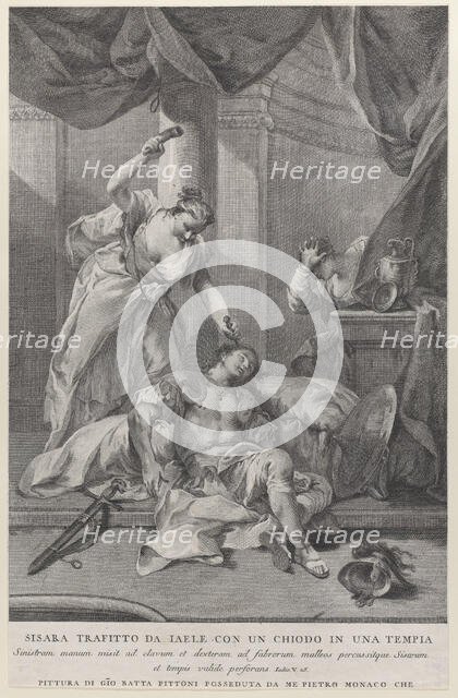 Jael hammering a tent peg into the temple of the sleeping Sisera, to the right a se..., ca. 1730-39. Creator: Pietro Monaco.