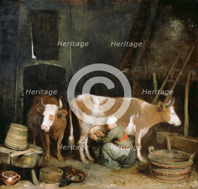 A Maid Milking a Cow in a Barn, 1652-1654. Artist: Ter Borch, Gerard, the Younger (1617-1681)