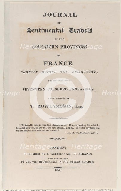 Title page, from "Journal of Sentimental Travels in the Southern Provinces of France, Shor..., 1821. Creator: Thomas Rowlandson.