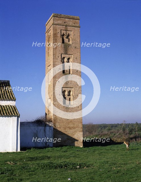 View of the brick square tower of the Cuatrovitas chapel, old Almohad mosque in Bollullos de la M…