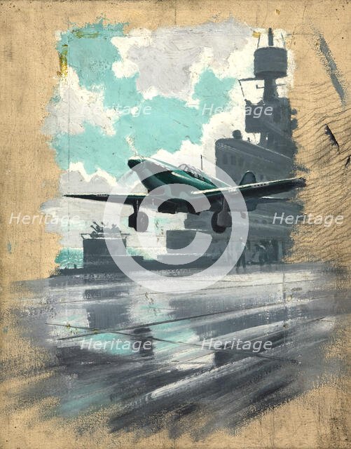 Aeroplane taking off from aircraft carrier, between 1939 and 1946. Creators: Unknown, Central Office of Information.