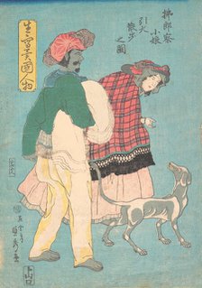 A Young French Lady and a Siamese Servant Taking a Dog for a Walk, November 1860., November 1860. Creator: Sadahide Utagawa.