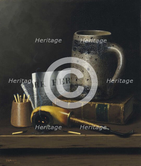 Still Life with New York Herald, Beer Stein and Pipe, 1879. Creator: Harnett, William Michael (1848-1892).