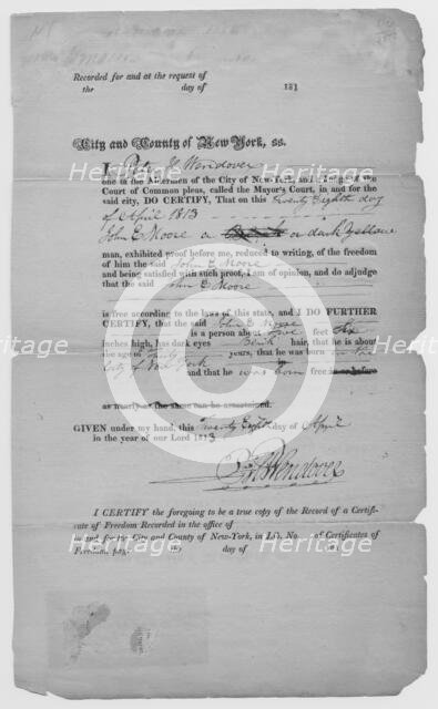 Certificate from County of NY of manumission for John Moore, 1813-04-28. Creator: Unknown.