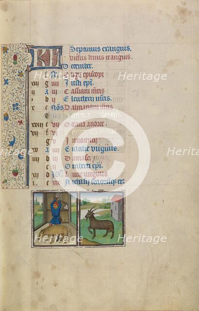 December Calendar Page: Slaughtering a Pig: Capricorn; Arenberg Hours, early 1460s. Creator: Workshop of Willem Vrelant.