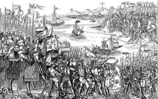 Louis IX of France disembarking at Damietta, Egypt, Seventh Crusade, 1249 (1522). Artist: Unknown