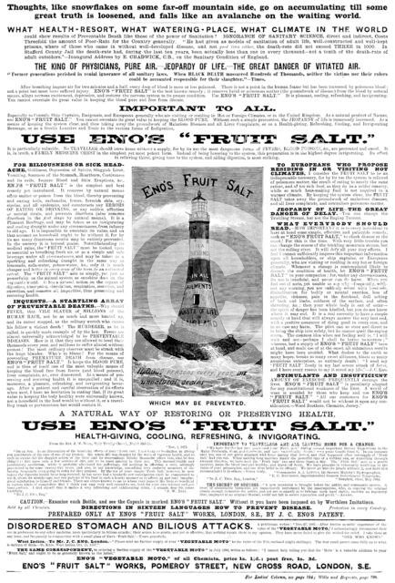 Advertisement for Eno’s "Fruit Salt", 1890.  Creator: Unknown.