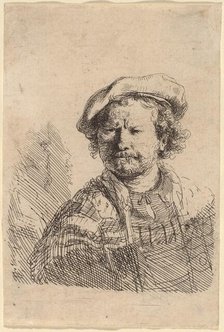 Self-Portrait in a Flat Cap and Embroidered Dress, c. 1642. Creator: Rembrandt Harmensz van Rijn.