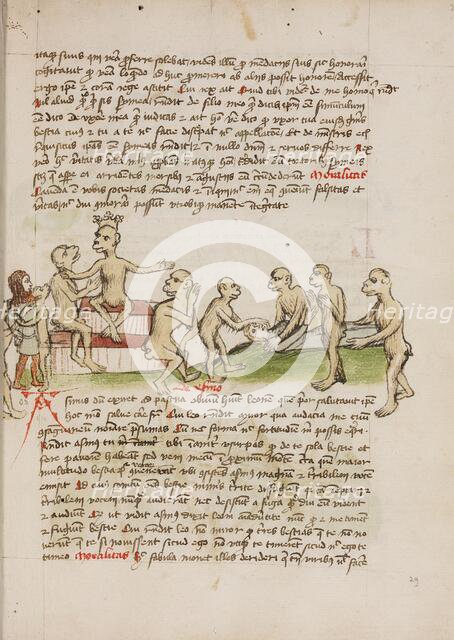 Two Monkeys Leading a Chained Man before a Crowned Monkey..., third quarter of 15th century. Creator: Unknown.