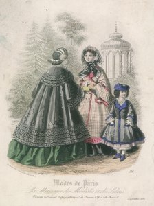 Two women and a child wearing the latest fashions in a garden setting, 1860. Artist: Anon