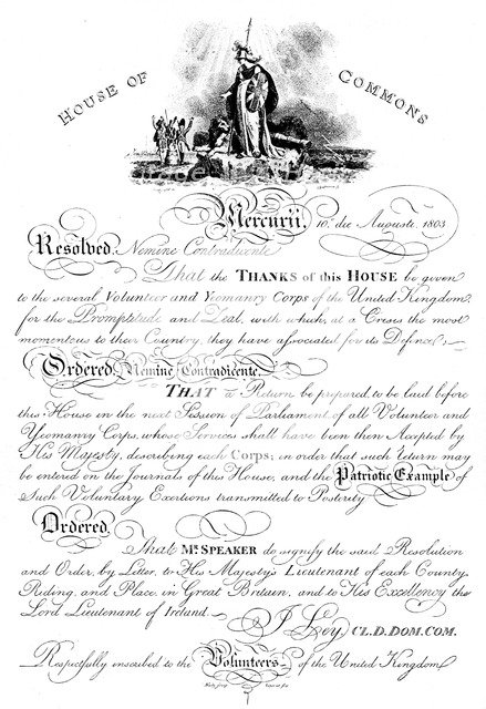 House of Commons resolution conveying thanks to the Volunteer Yeomanry Corps, c1905. Artist: Unknown