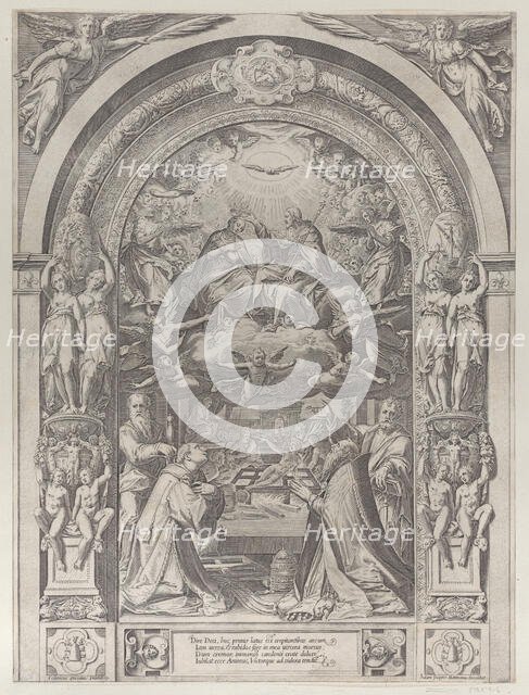 Saints Lawrence, Sixtus, Peter, and Paul adoring the Coronation of the Virgin by Chris..., ca. 1576. Creator: Anon.