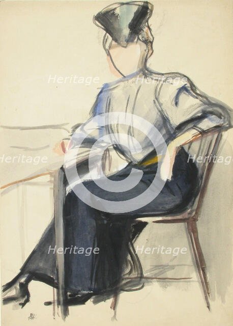 A woman sitting at a table, sketch, c1910s. Creator: Verner Thome.