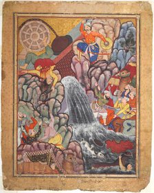 Alamshah cleaving asunder the chain of the wheel, from volume 11 of a Hamza-nama..., c. 1560s - 1570 Creator: Unknown.