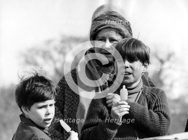 The Queen Mother, Prince Andrew and Viscount Linley at the Badminton Horse trials, 1970. Artist: Unknown