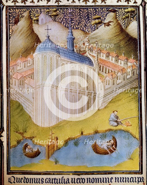 Carthusian monks netting and hooking fish in fishponds at Chartreuse, France, 15th century. Artist: Paul Limbourg