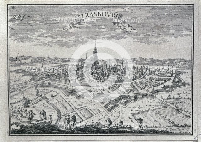 View of the city of Strasbourg, 17th century engraving.