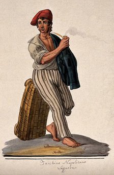 A young man leans against a basket with his jacket slung over his shoulder smoking a pipe. Creator: Unknown.