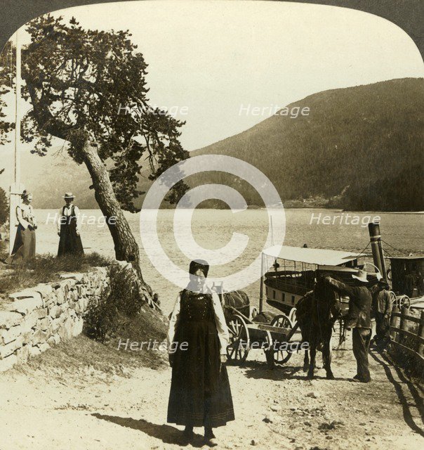 'When the lake steamer calls at Tinoset pier - view across Tinsjo to the hills, Norwway', c1905. Creator: Unknown.