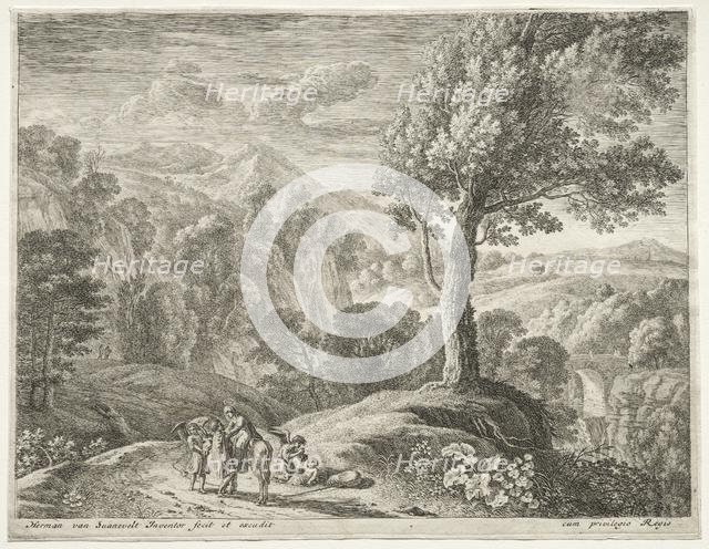 The Flight into Egypt: The large tree and the cuocade. Creator: Herman van Swanevelt (Dutch, c. 1600-1655).