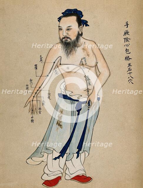 Acupuncture chart with a series of points indicated on the figure of a standing Chinese man... Creator: Unknown.