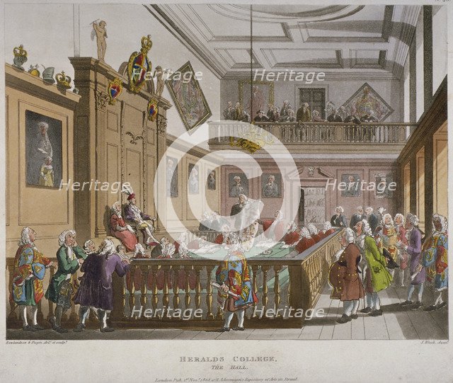 Interior view of the College of Arms' Hall with figures engaged in discussion, City of London, 1808. Artist: Augustus Charles Pugin